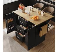 BENMWS Isola da cucina con divisorio rimovibile, ruote come armadio da cucina, carrello da lavoro, buffet, grano di legno, porta asciugamani laterale, colore: nero