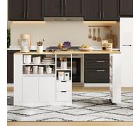 BENMWS Isola da cucina con piano di lavoro estraibile, 115 x 50 x 92 cm, isola lunga con ripiani a tre lati e due cassetti, bar da caffè, tavolo da pranzo allungabile in legno, bianco + naturale