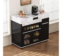 BENMWS Isola da cucina con ruote, nero, 50,5 x 110,5 x 95,5 cm, tavolo da pranzo allungabile con vetro di scoglia, credenza con cassetto per cucina e sala da pranzo