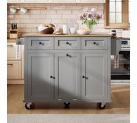 BENMWS Isola da cucina grigia, 131,2 × 46,2 × 92,7 cm, con ruote, zona pranzo allungabile, con scomparto per rifiuti e cassetti, isola da cucina mobile, ideale per cucina e sala da pranzo