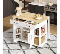 BENMWS Isola da cucina mobile estraibile, 90 x 120 cm, con bancone da bar, con 2 cassetti e 2 ante con scaffali, bianco + Natura