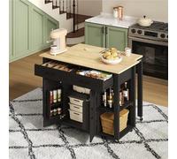 BENMWS Isola da cucina mobile estraibile, 90 x 120 cm, con bancone da bar, con 2 cassetti e 2 ante con scaffali, colore: nero + Natura