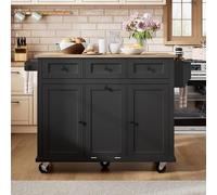 BENMWS Isola da cucina nera, 131,2 × 46,2 × 92,7 cm, con ruote, zona pranzo allungabile, con scomparto per rifiuti e cassetti, isola da cucina mobile, ideale per cucina e sala da pranzo
