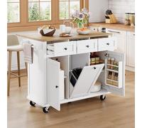 BENMWS Isola della cucina con ruote, per zona pranzo estraibile, pattumiera e cassetti, isola mobile della cucina, ideale per cucina e sala da pranzo (bianco + naturale)