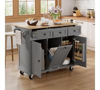 BENMWS Isola della cucina con ruote, zona pranzo estraibile, pattumiera e cassetti, isola mobile della cucina, ideale per cucina e sala da pranzo (grigio+natura)