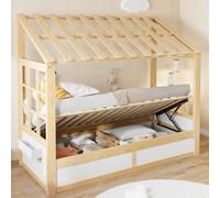BENMWS Lettino per bambini in stile rustico, 90 x 200 cm, con tetto, finestra, spazio idraulico e scomparti laterali, colore legno + bianco, senza materasso