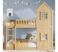 BENMWS Letto a castello, splendide forme di casa, 2 finestre squisite, naturale, 90 x 200 cm, scala a tre gradini, recinto su tutti i lati, in pino + MDF, senza materasso