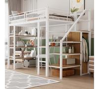 BENMWS Letto a soppalco, 90 x 200 cm, letto singolo, scaffale a tre strati, scrivania, armadio, gradini di sicurezza con vano portaoggetti, design a recinzione, letto in ferro, bianco