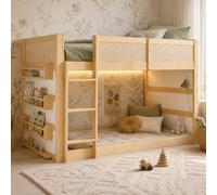 BENMWS Letto a soppalco a tre gradini, con ripiano, naturale e bianco, 90 x 200 cm, recinto su tutti i lati, pino + MDF + intreccio sintetico, senza materasso