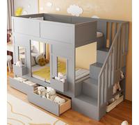 BENMWS Letto a soppalco da 90 x 200 cm, grigio, con scala e cassetti, finestre e contenitori, struttura in legno con ringhiera di sicurezza, letto per bambini salvaspazio, senza materasso
