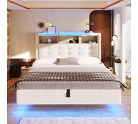 BENMWS Letto imbottito, 140 × 200 cm, tessuto di lino, beige, vano portaoggetti idraulico, design sospeso, materasso non incluso nella confezione senza materasso