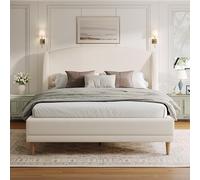 BENMWS Letto imbottito 140 x 190 cm bianco avorio tessuto bouclé testiera con orecchie, design curvo, rete a doghe solida, piedini in legno Hevea (senza materasso)