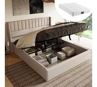BENMWS Letto imbottito, 160 x 200 cm, idraulico doppio a doghe in legno, letto con rete a doghe in metallo, lino, beige (con materasso)