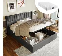 BENMWS Letto imbottito, 160 x 200 cm, idraulico doppio a doghe in legno, letto con rete a doghe in metallo, lino, grigio (con materasso)