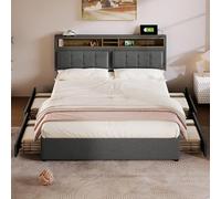 BENMWS Letto matrimoniale con 4 cassetti e presa USB C, 140 x 200 cm, letto imbottito, testiera regolabile in altezza, rete a doghe in legno (senza materasso)