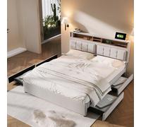 BENMWS Letto matrimoniale con 4 cassetti e presa USB C, 160 x 200 cm, letto imbottito, testiera regolabile in altezza, rete a doghe in legno (senza materasso)