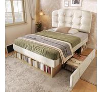 BENMWS Letto singolo 90 x 200 cm, imbottito in velluto beige, con rete a doghe, testiera curva regolabile in altezza, cassetti, vano portaoggetti, (senza materasso)