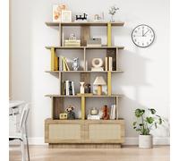 BENMWS Libreria di alta qualità, con ante in rattan e dispositivo di sicurezza, ripiani aperti, unità di visualizzazione moderna, scaffalatura scala, combinazione legno/metallo, 100 x 160 cm