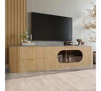 BENMWS Mobile moderno e minimalista per TV, 38 × 45,5 × 172 cm, effetto legno, ante con strisce verticali 3D, armadio ovale in vetro grigio, armadio per soggiorno
