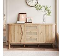 BENMWS Moderna credenza in rattan, comò con ante scorrevoli, ripiani regolabili, piastra curva, 80 x 140 cm, colore naturale