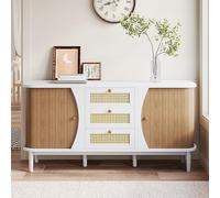 BENMWS Moderna credenza in rattan, comò con ante scorrevoli, ripiani regolabili, piastra curva, 80 x 140 cm, bianco e Natura