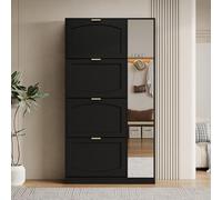 BENMWS Moderna scarpiera con specchio, 4 scomparti pieghevoli, ripiano regolabile dietro lo specchio destro, ideale per il corridoio, 80 x 147 x 24 cm, colore nero