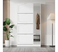 BENMWS Moderna scarpiera con specchio, 4 scomparti pieghevoli, ripiano regolabile dietro lo specchio destro, ideale per il corridoio, bianco, 80 x 140 cm