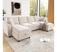 BENMWS Moderno divano a forma di U in ciniglia a 2 posti con due elementi chaise longue, vano portaoggetti, beige, 284 x 135 x 84 cm