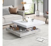 BENMWS Tavolino doppio funzionale, con piano lucido, girevole a 360°, doppio piano girevole con vano portaoggetti, tavolo da soggiorno in bianco, truciolato color marmo 70 x 70 cm