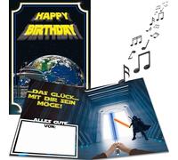 bentino Biglietto musicale XL con spada laser, effetto luce MEGA, biglietto di compleanno con suono, formato DIN A4 con busta, divertente biglietto di auguri per compleanno