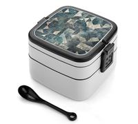 Bento box con geometria blu e grigia per adulti, impilabile, a 2 strati, riutilizzabile, a prova di perdite, per adulti, da viaggio, 935,5 g, con cucchiaio, scatole bento portatili, adatte al