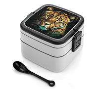 Bento Box da 1000 ml con dipinto di leopardo dagli occhi verdi, contenitore per il pranzo a prova di perdite, con divisori rimovibili e cucchiaio - Lunch Box impilabile in PP senza BPA per lavoro, u