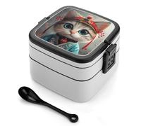 Bento Box Gatto con Grandi Occhi, Contenitori per la Preparazione dei Pasti a 2 Scomparti, Lunch Box Impilabile con Coperchi, Contenitori per Alimenti Riutilizzabili e Divisi per Viaggi e Lavoro