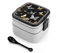 Bento Box Nero con Farfalle Bianche Dorate, Contenitori per la Preparazione dei Pasti a 2 Scomparti, Lunch Box Impilabile con Coperchi, Contenitori per Alimenti Riutilizzabili e Divisi per Viaggi e