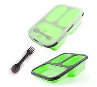 Bento Box Pieghevole - Lunch Box portatile pieghevole a 3 Scomparti Contenitore per Alimenti a Tenuta stagna con Cucchiaio forchetta microonde/congelatore Sicuro (Verde)