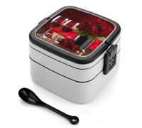 Bento Box Vino e Rose Rosse, Contenitori per la preparazione dei pasti a 2 scomparti, Lunch Box impilabile con coperchi, Contenitori riutilizzabili per la conservazione degli alimenti divisi per via