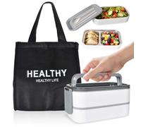 Bento - Contenitore per il pranzo a 2 ripiani con scomparti, in acciaio inox di alta qualità, senza BPA, con posate e borsa per il trasporto, ideale per il viaggio, Meal Prep Bento Box per adulti, a