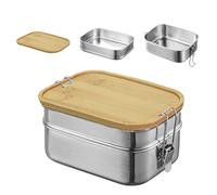 Bento - Contenitore per il pranzo per adulti/bambini, in acciaio inox, con 2 scomparti, contenitore in metallo con coperchio in legno, senza BPA, per la colazione, per la scuola/gite (doppio piano)