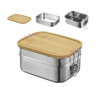 Bento Contenitore per il pranzo per adulti/bambini, in acciaio inox, con 2 scomparti, contenitore in metallo con coperchio in legno, senza BPA, per la colazione, per la scuola e le gite (doppio piano)