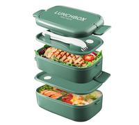 Bento Lunch Box Impilabile,Contenitori da 1400 ml con 4 scomparti e posate, scatole a 2 strati a prova di perdite, per adulti, bambini, ufficio, lavabili in lavastoviglie e microonde (Verde Puro)