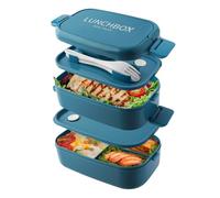 Bento Lunch Box Impilabile,Contenitori da 1400 ml con 4 scomparti e posate, scatole a 2 strati a prova di perdite, per adulti, bambini, ufficio, lavabili in lavastoviglie e microonde (Blu Puro)