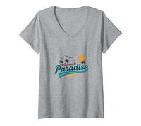 Benvenuti a Paradise Tropical Beach Vacation Maglietta con Collo a V, Donna, Grigio Melange, L