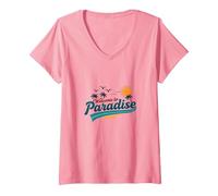 Benvenuti a Paradise Tropical Beach Vacation Maglietta con Collo a V, Donna, Rosa, L