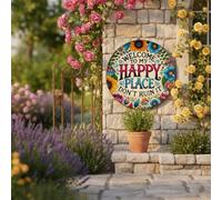 Benvenuti nel mio posto felice - Cartello da parete in metallo, cartello rotondo vintage in alluminio da 8/12/16 pollici per arredamento interno ed esterno, rustico boho decorativo da appendere