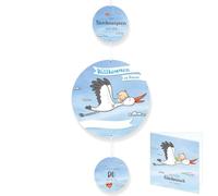 Benvenuto a casa, ghirlanda per bambini, blu, scrivibile, preassemblata, cicogna per la nascita, set da 6 pezzi: 3 cerchi, nastro di raso, biglietto di auguri, busta, decorazione per baby shower