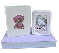 Benvenuto al Mondo: Set regalo tema Orso con Diario e Portafoto da tavolo Neonato nascita (Rosa)