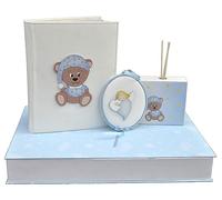 Benvenuto al Mondo: Set regalo tema Orso con Diario, Profumatore e Sopraculla Neonato nascita (Celeste)