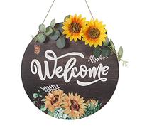 Benvenuto Ghirlanda Decorativa in Legno per Soggiorno, Porta d'ingresso - Decorazione Murale con Girasole (Marrone)