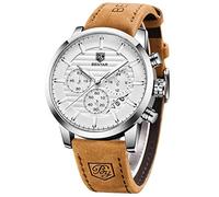 BENYAR Orologio Uomo, Cronografo Analogico Movimento al Quarzo orologio 30M impermeabile, orologio da uomo in pelle marrone moda,Business Luminosi Sportivo orologio da polso（bianco argento）