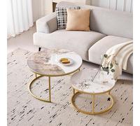 BenyLed Set di 2 Tavolini da Salotto Rotondi; Tavolino da Caffè con Piano in Ceramica Stone; Tavolini Sovrapponibili per Soggiorno,Camera da Letto,Balcone,Ufficio (Pandora/Oro) 70*70*45cm+50*50*35cm